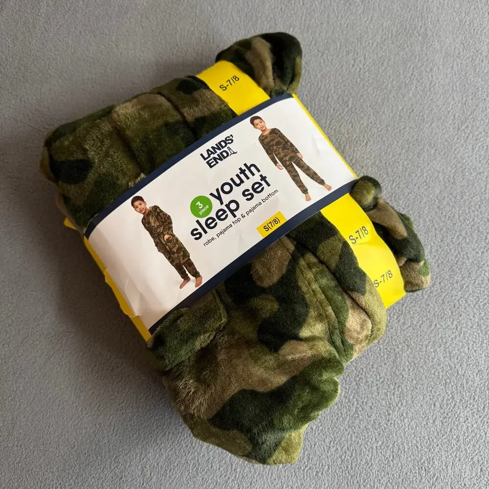 Lands End 3‎ Piece Youth Sleep Set Size S 7/8 Camouflage Pajamas Robe Top Bottom